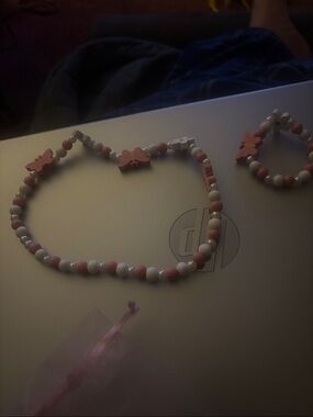 Pink and White Beaded Butterfly Jewelry Set